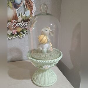 13" Easter Bunny Cloche Egg Wicker Basket Pedestal NEW